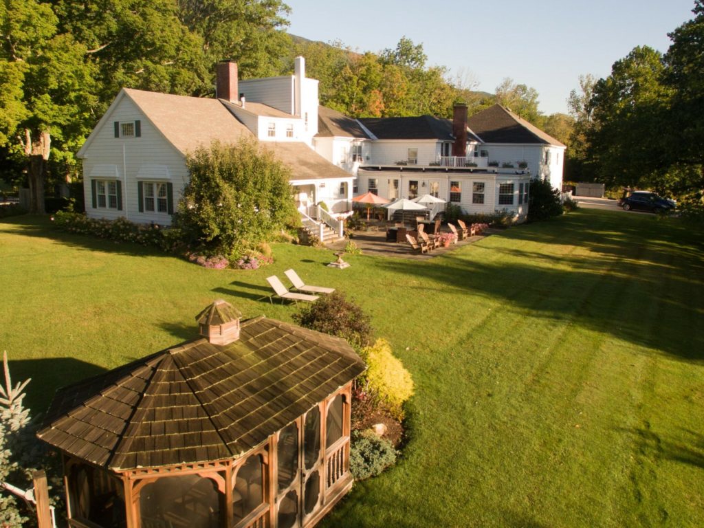 Aerial image of backyard, patio, and gazebo at at Inn at Ormsby Hill